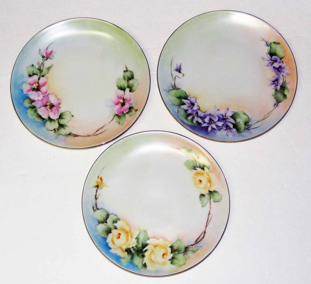 Thomas Bavaria Set 3 Hand Painted Floral 6” Plates - Signed