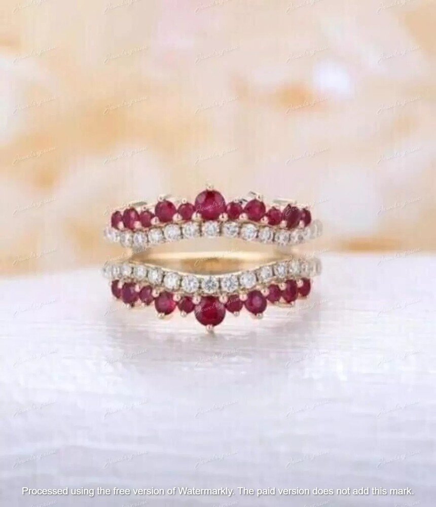 2Ct Lab Created Ruby Engagement Enhancer Guard Ring 14K Yellow Gold Plated