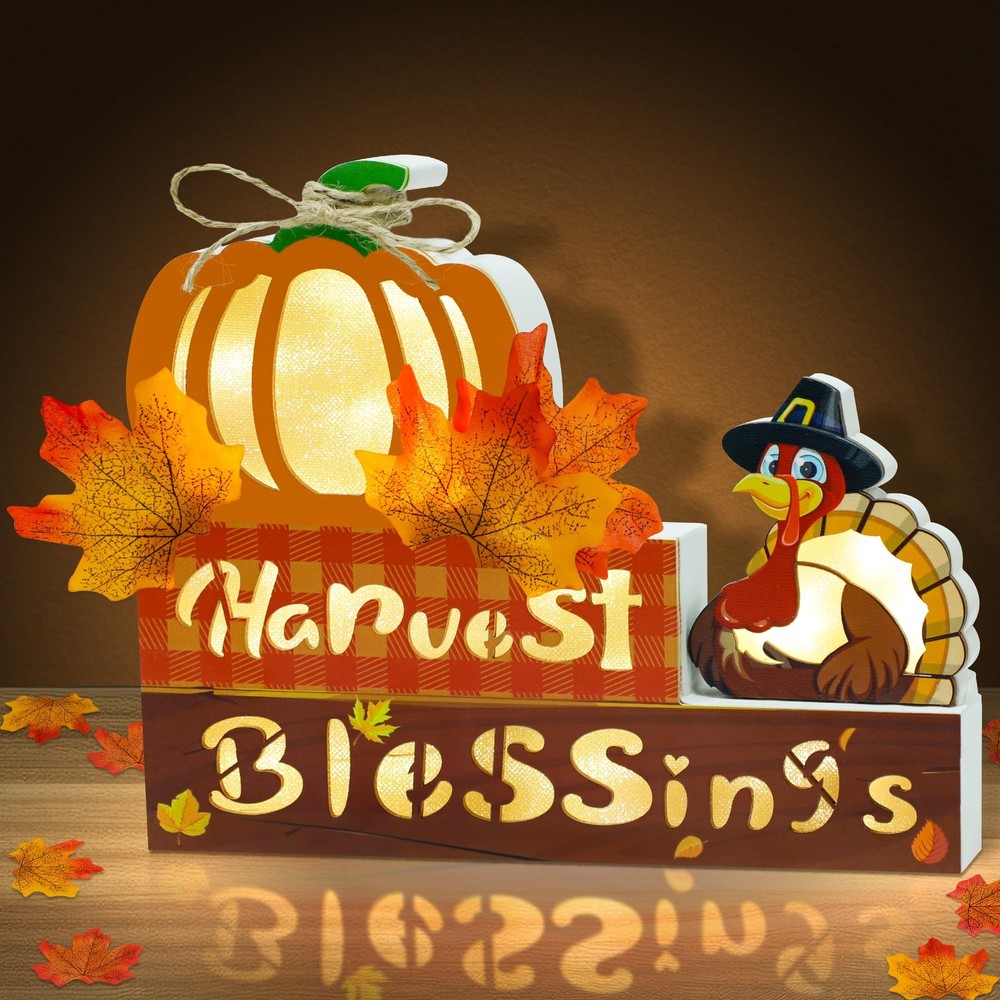 Thanksgiving Table Decor Lighted Block Sign Fall Decorations Wooden Centerpie...