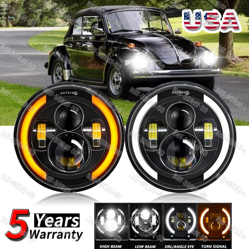 For VW Beetle 1950-1979 2x 7incn Round NEWEST LED Headlight Hi/Lo Beam Halo DRL