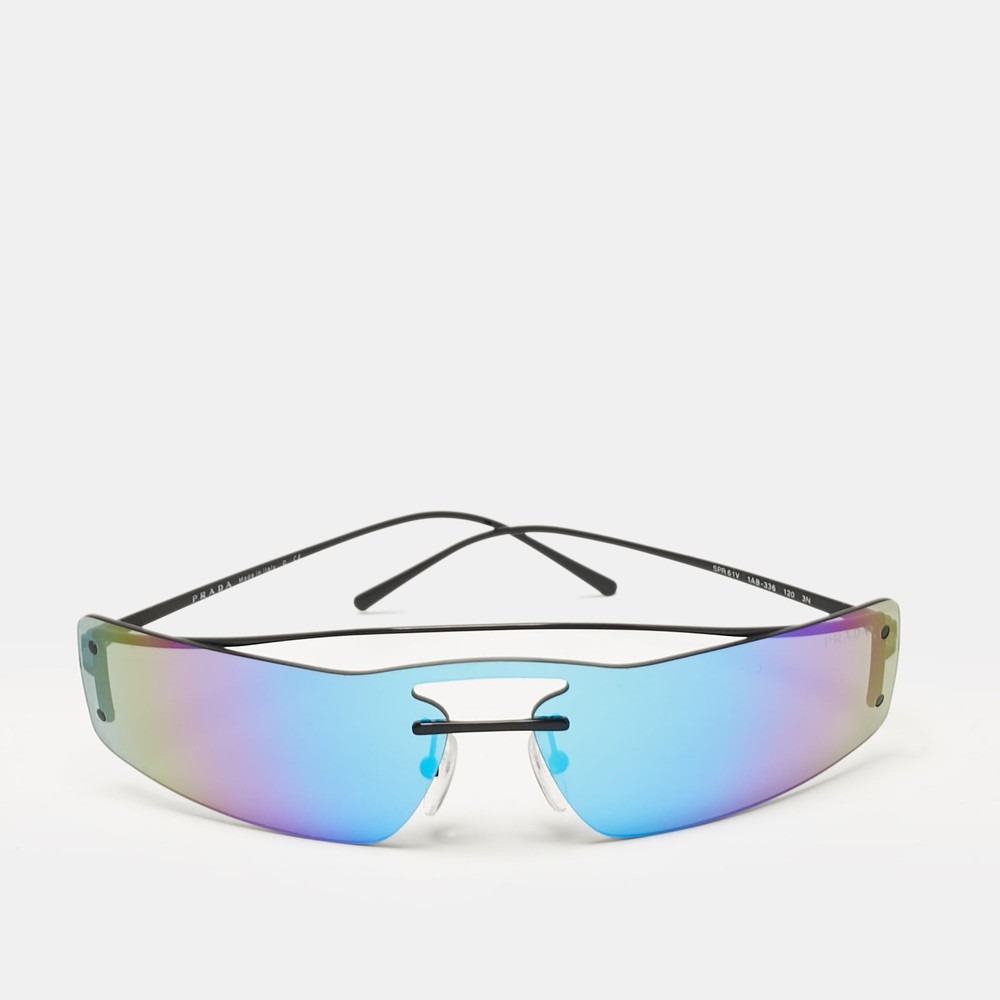 Prada SPR61V Iridescent Blue Black Rectangular Shield Sunglasses