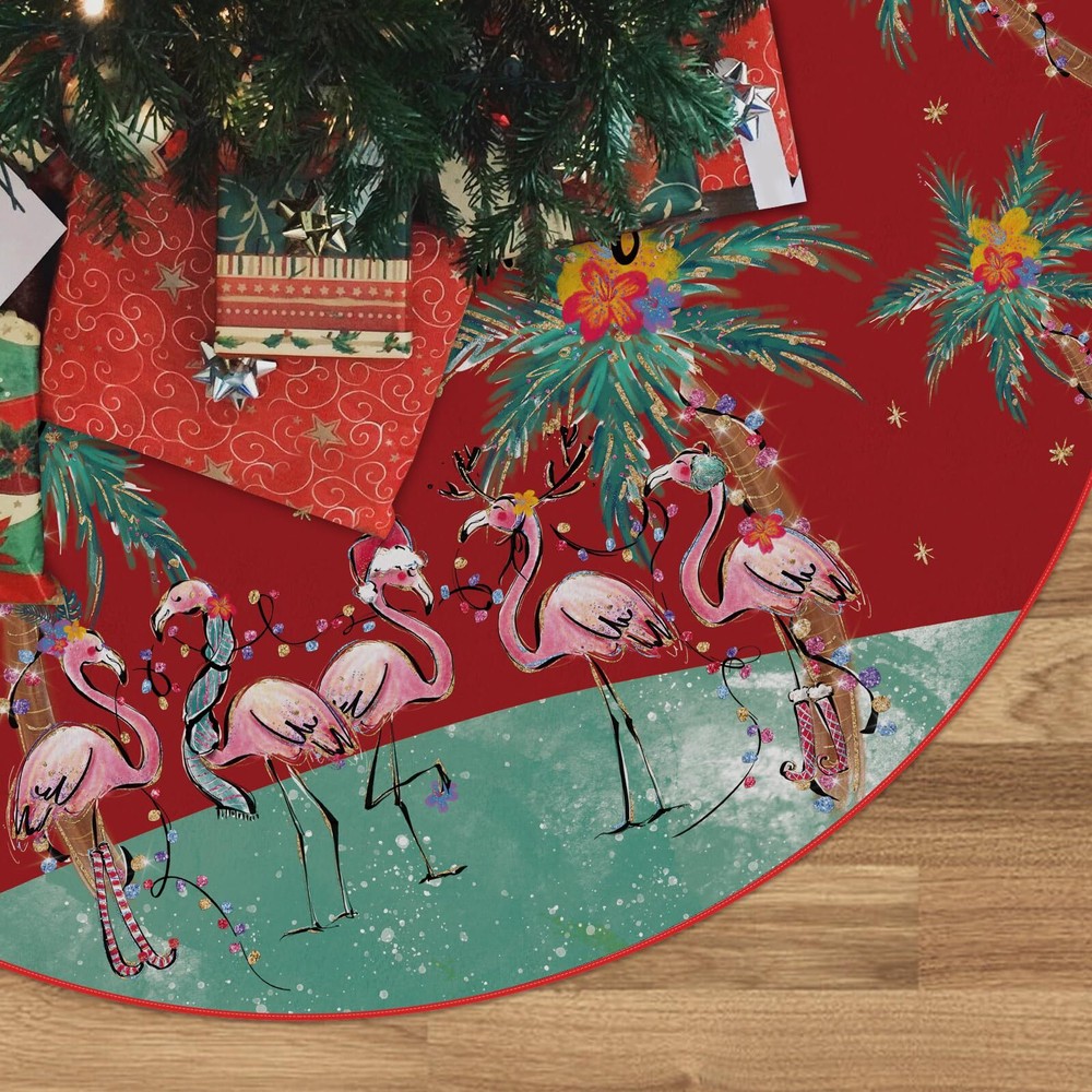 Christmas Red Tree Skirt 48 Inch Flamingo Coastal Christmas in July Xmas Tree...