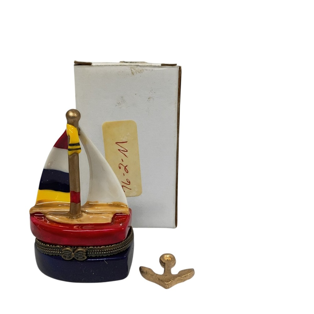 Porcelain Painted Sailboat Hinged Trinket Box With Gold Anchor Inside Excellent