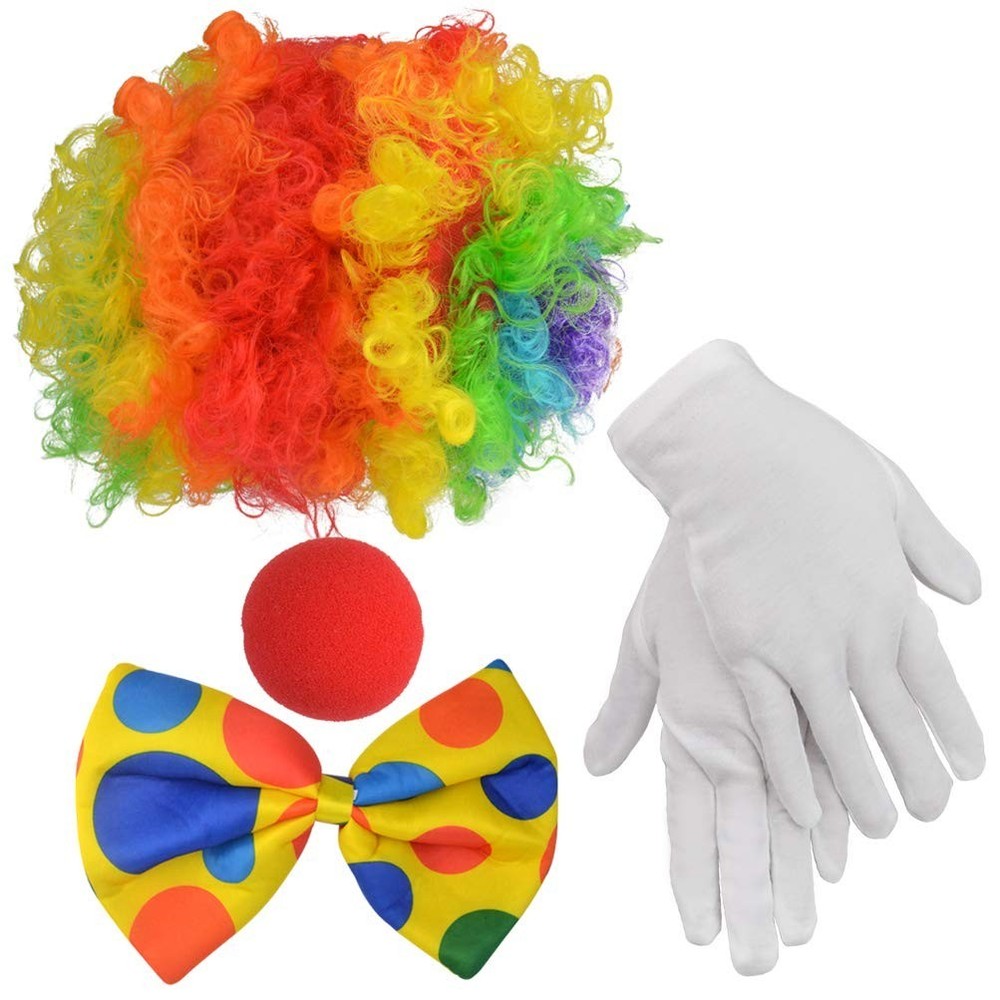 Clown Costume Set with Rainbow Wig, Nose, Bow Tie, and Gloves for Adults