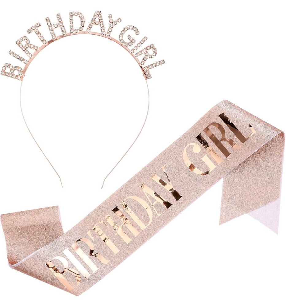 Ladies Birthday Girl Headband And Sash Rose Gold With Rhinestone New