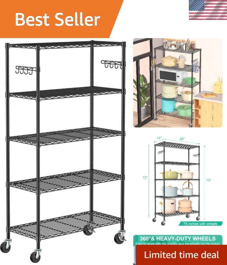 5 Tier Metal Storage Shelves on Wheels Adjustable Garage Kitchen Pantry Organ...