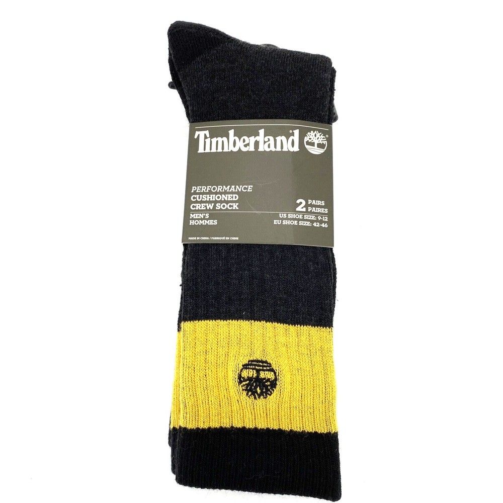 TIMBERLAND Socks Mens L 9-12 2 Pack PERFORMANCE CUSHIONED Crew Black Gold NEW