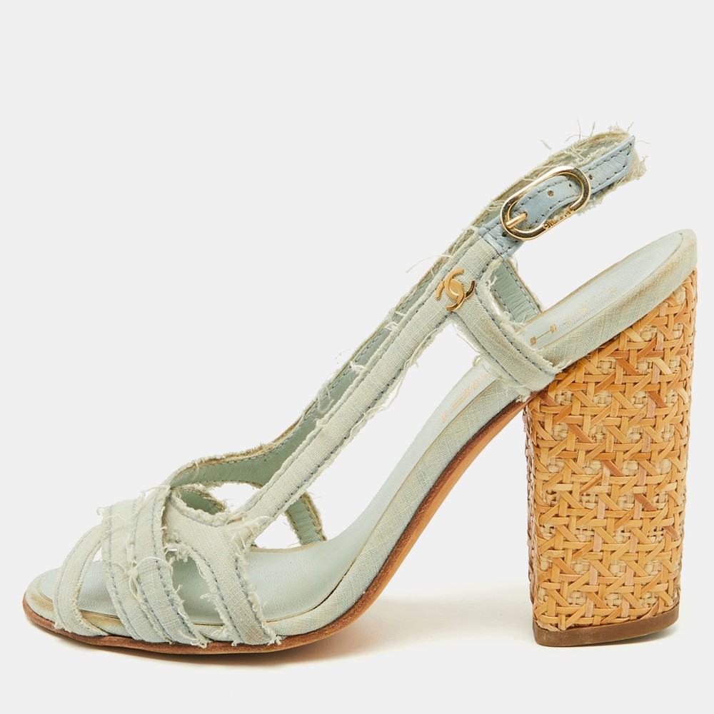 Chanel Light Blue Canvas Strappy Block Heel Slingback Sandals Size 36.5 EU