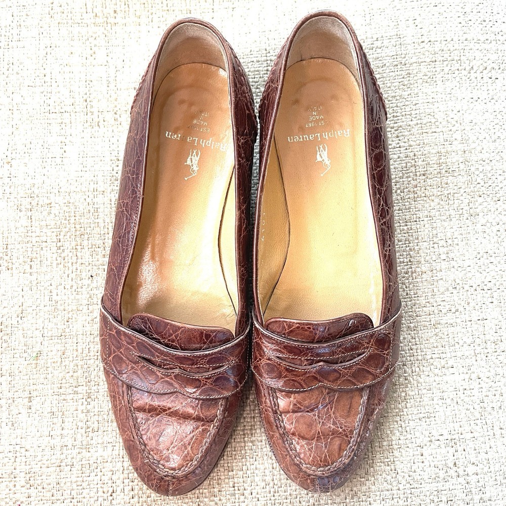 Ralph Lauren Croc Embossed Leather Loafers Womens Size 5.5 Brown Slip On Preppy Vintage Style
