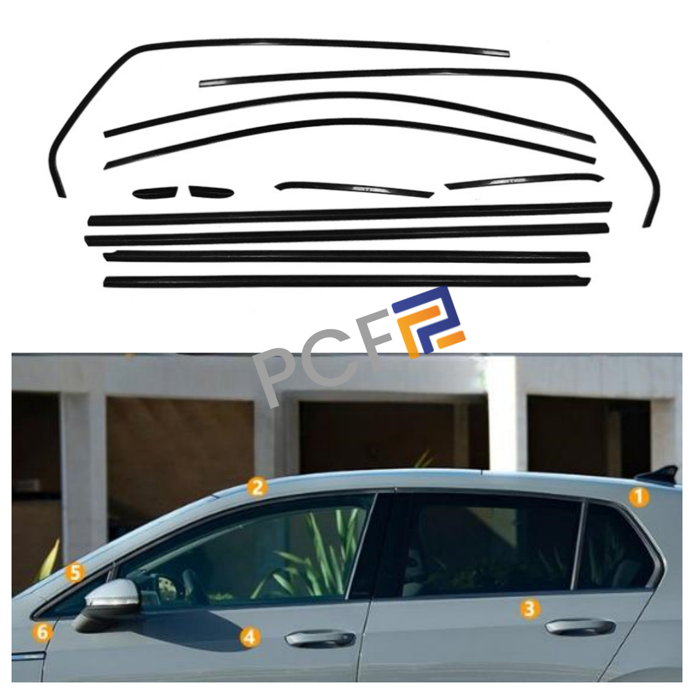 VW Golf 8 2021-2025 Black Stainless Steel Window Trim Cover Kit 12pcs