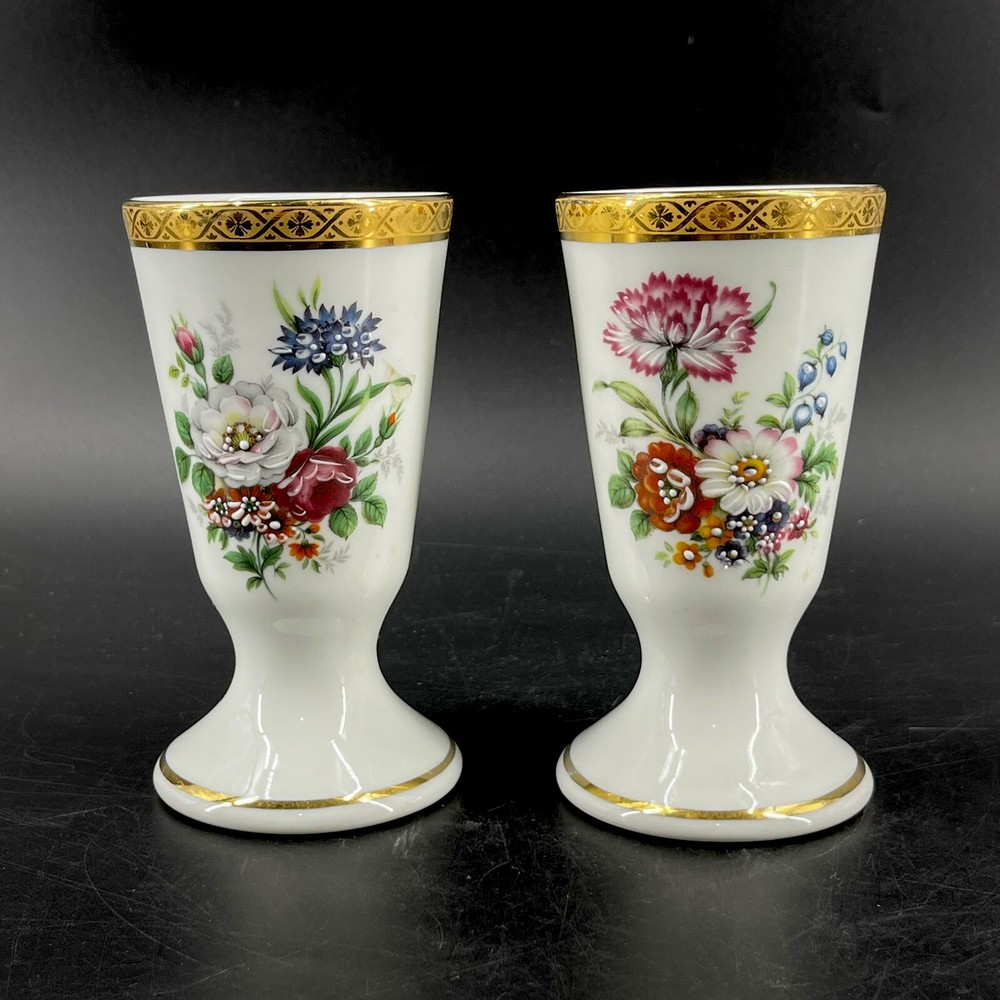 Pair VTG Limoges France Porcelain Wine Goblet Pedestal Cup Hand Painted Floral