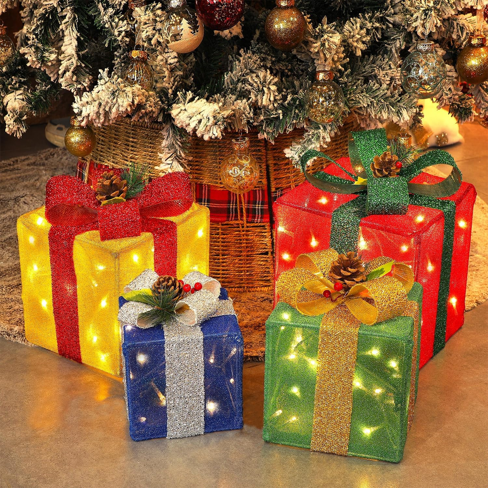 Set of 4 Christmas Lighted Gift Boxes Decorations, Pre-Lit Tinsel Present Box wi