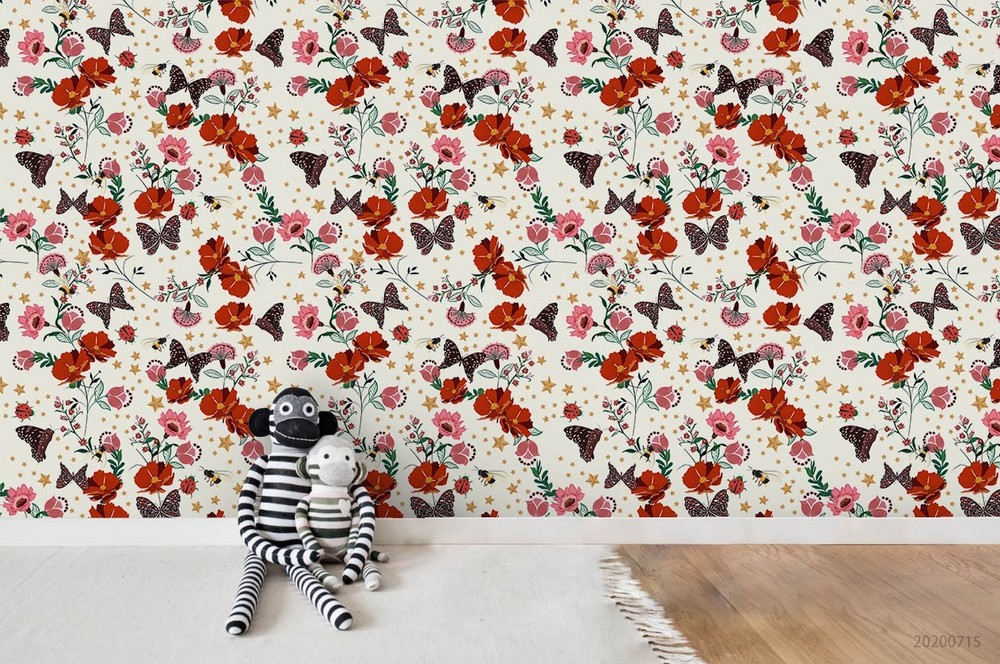 3D Flowers Butterflies Bee Pattern Wall Murals Wallpaper Murals Wall Sticker