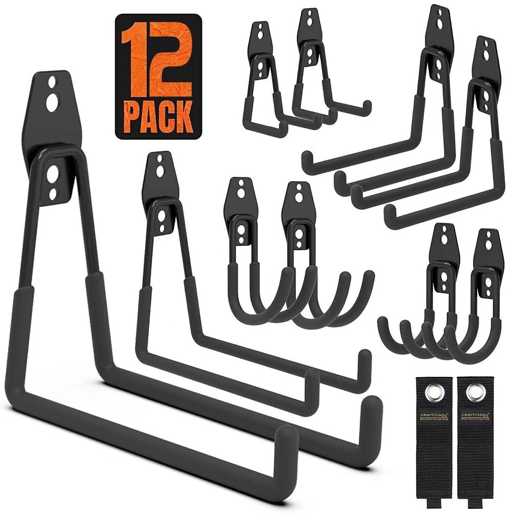 12-Pack Garage Hooks with Wall Mount & Cord Storage  