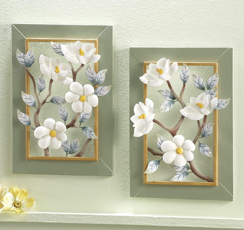 2-Piece Framed Metal Wall Art Blooming White Magnolias 3D Sculpture 9x13 Inches