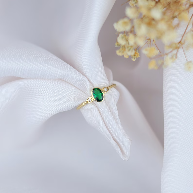 Oval Cut Simulated Emerald 2.60Ct Dainty 925 Yellow Sterling Silver Wedding Ring