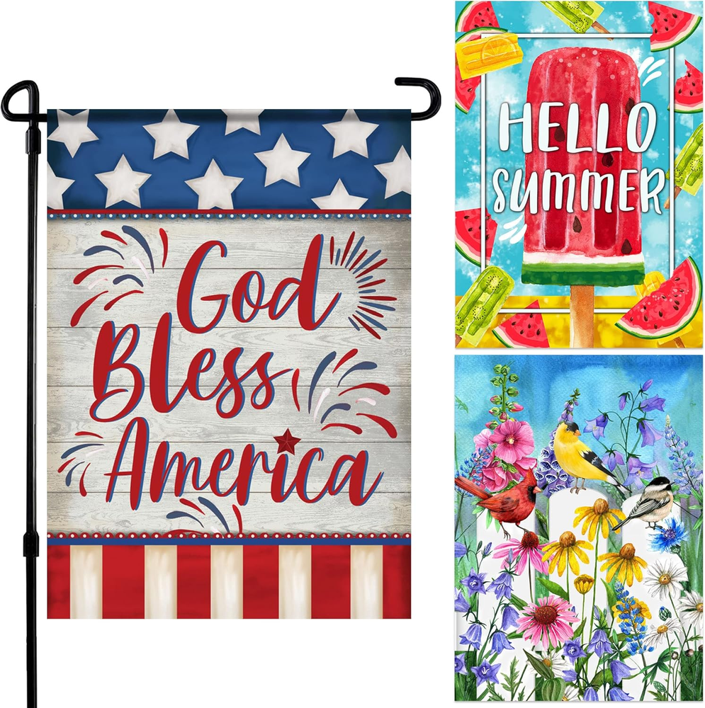 Seasonal Garden Flags - 3 Pack, 12.5 X 18 Inch Double-Sided Spring, Patriotic an-image