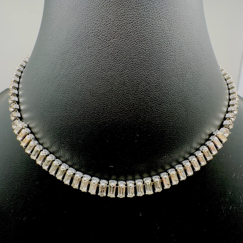Vintage Silvertone Baguette & Prong Set Rhinestone 16” Choker Necklace