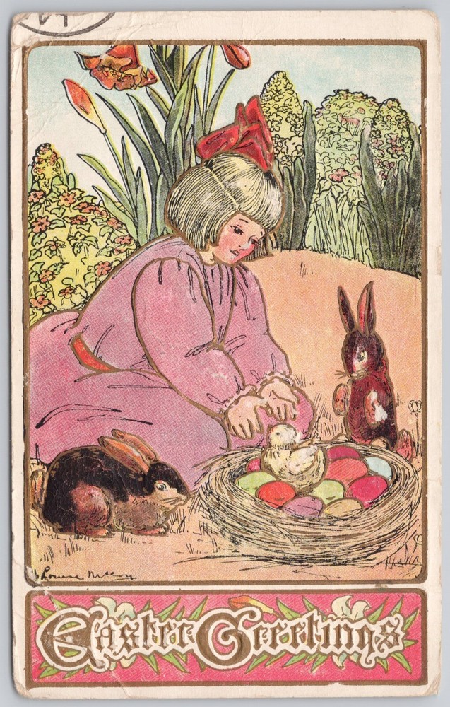 Easter Greetings Divided Back Embossed Postcard Eggs Child Rabbit Chick