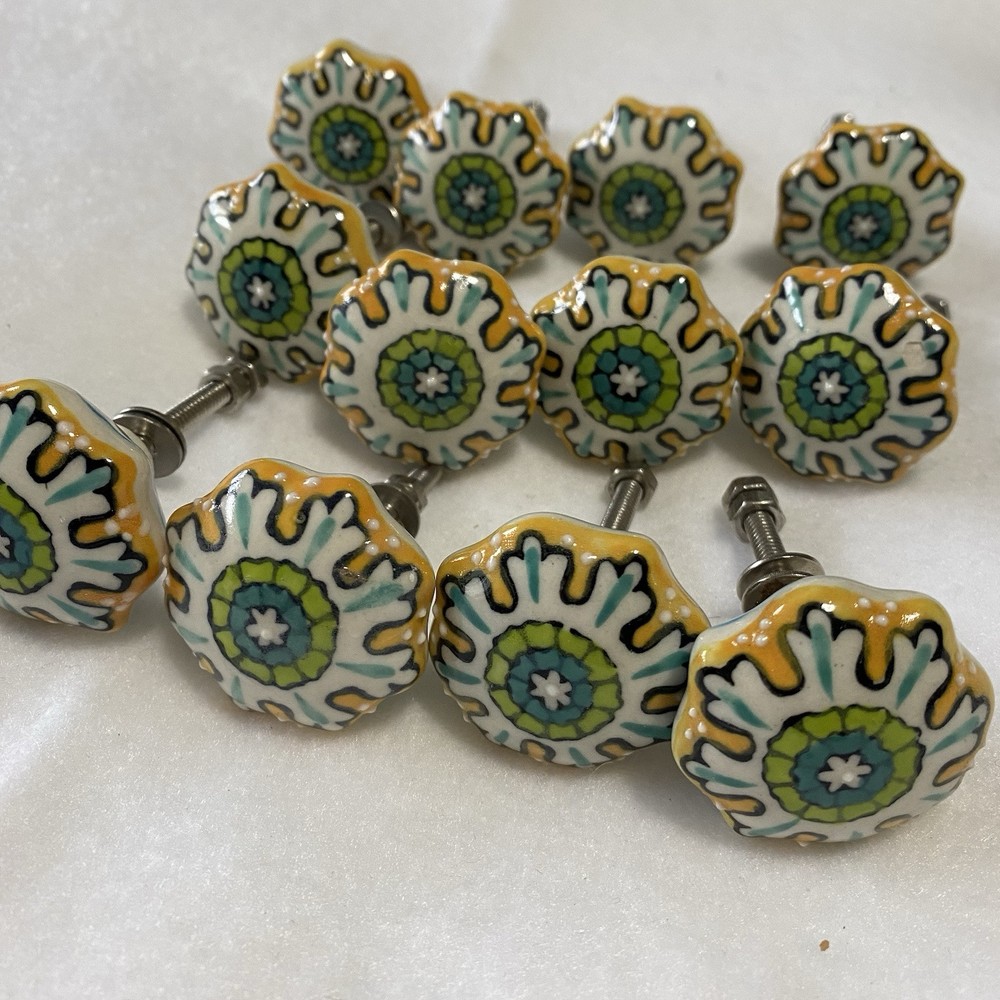 Boho Cottage Painted Ceramic Furniture Knobs Drawer Pulls Cabinet Set of 12