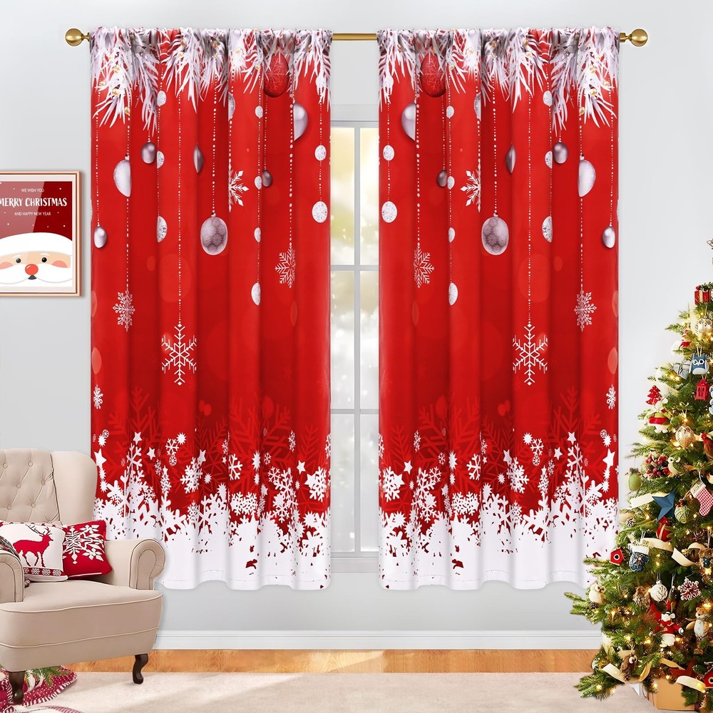 Christmas Blackout Curtains for Living Room, Hanging Decorative Balls Christm...