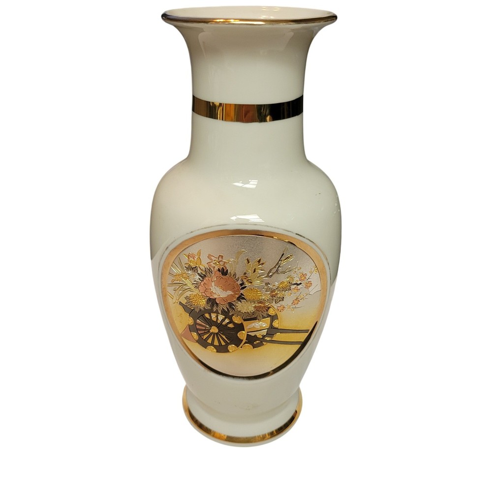 Vintage Art of Chokin Porcelain Vase Gold Trim Floral Cart Decor Ornate Japan
