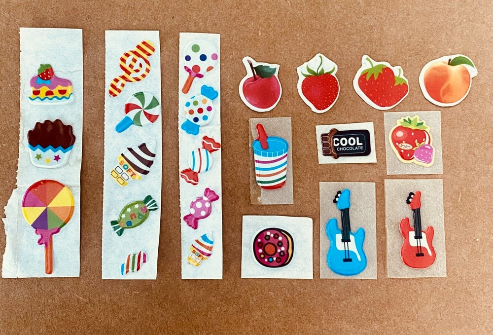 Vintage 1980s Puffy Scratch N Sniff Candy Fruit Guitar  Stickers Vinyl Stick-On