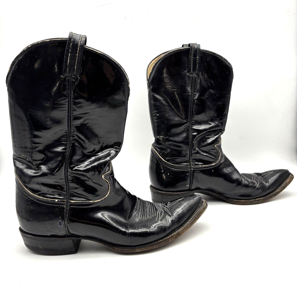 1960s Tony Lama Black Label Patent Leather Point Toe Cowboy Boots USA Made 12B