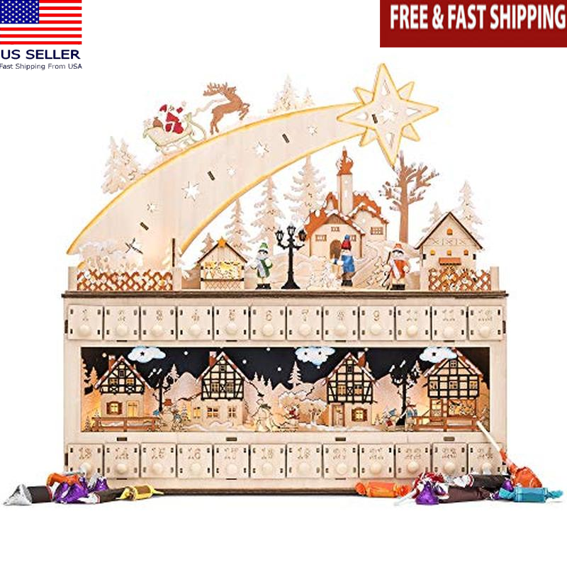 Wooden Christmas Advent Calendar LED Light Shooting Star Holiday Decoration New