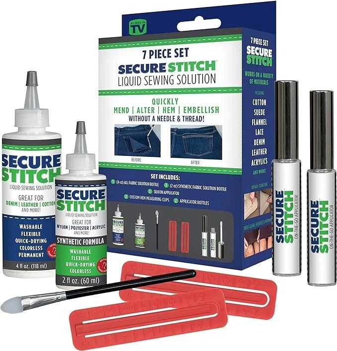 Secure Stitch Liquid Sewing Solution Kit Fabric Glue Quickly Mends 7 PC Set