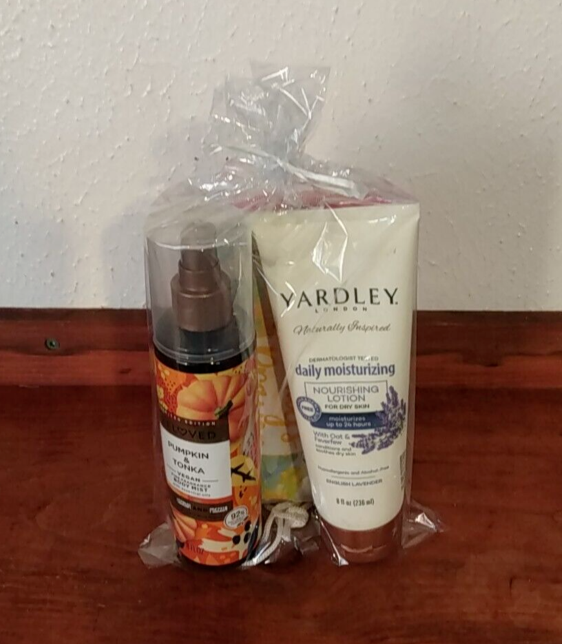 Breast cancer gift bag with prayer card vegan body mist lotion backpack notepad