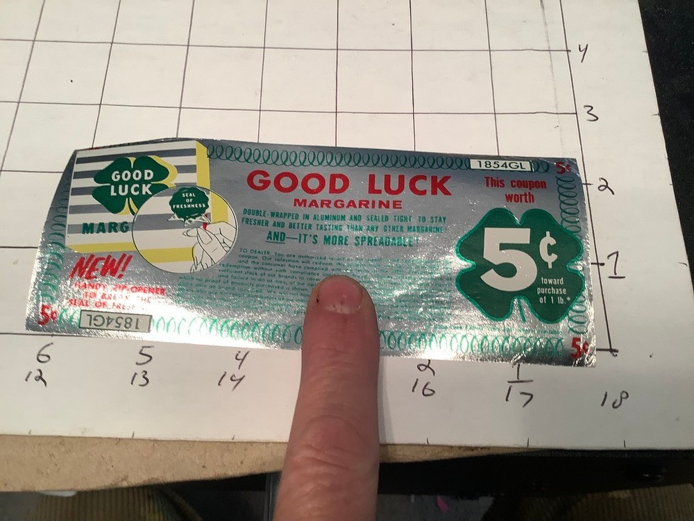 Vintage Original Coupon: 1950's GOOD LUCK Margarine (foil) - Save 5 cents-image