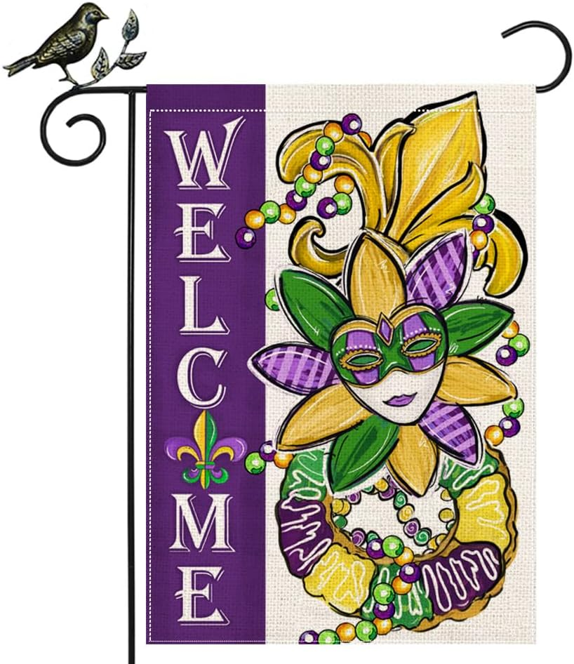 Mardi Gras Garden Flag 12.5 X 18 Inch, Fleur De Lis Beads Crawfish Carnival Cele