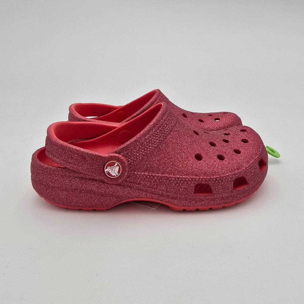 Crocs Classic Glitter Clogs Girl's Size 4 Red Sparkle Slip On Casual Comfort
