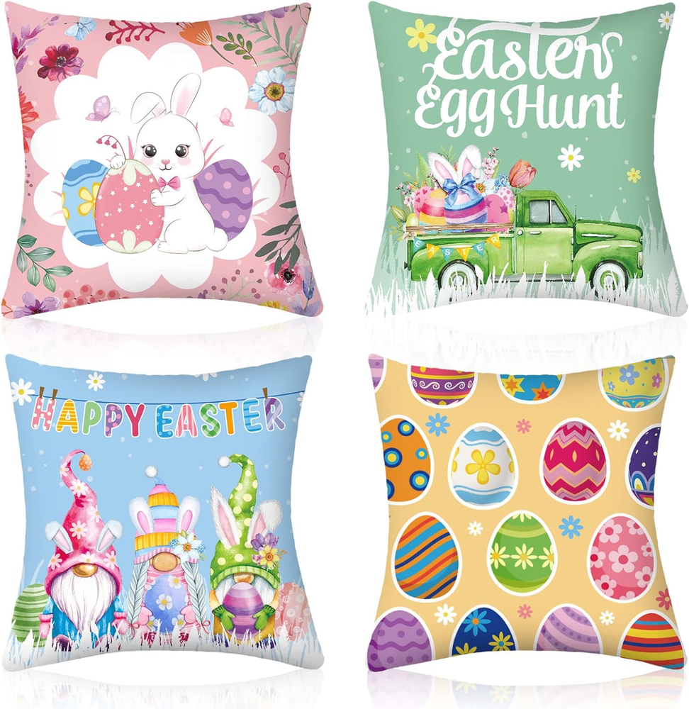 4-Pack 18x18 Inch Colorful Easter Pillow Covers for Festive Decor