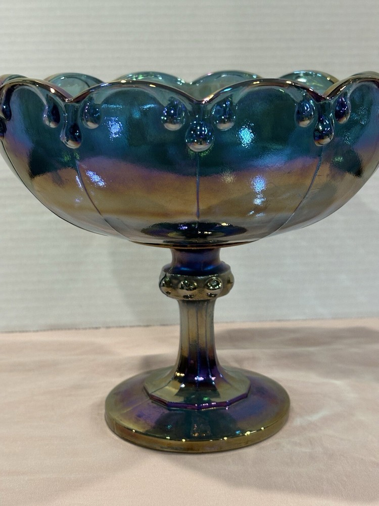 Vintage Indiana Blue Carnival Glass Foot_{+}ed Compote Garland Fruit Bowl