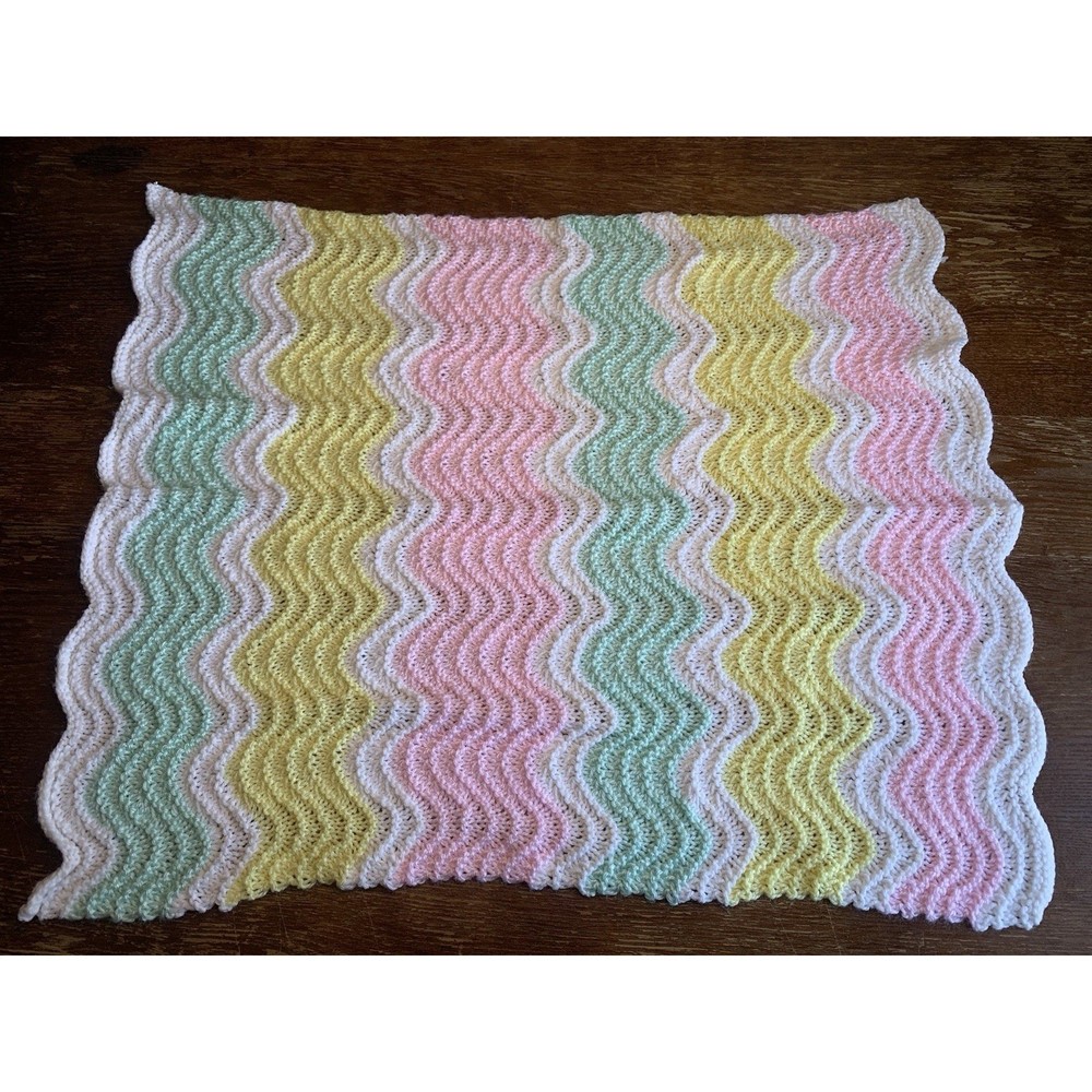 Vintage Handmade Knit Baby Blanket Pastel Chevron Ripple Kidcore 27x25 Preloved
