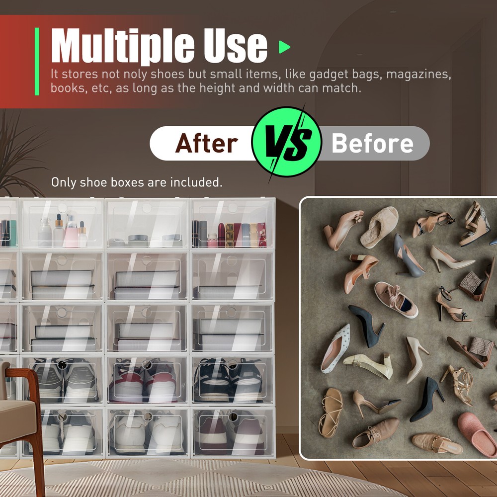 20pcs Large Plastic Shoe Storage Boxes Drawer Stackable Foldable Organiser Clear