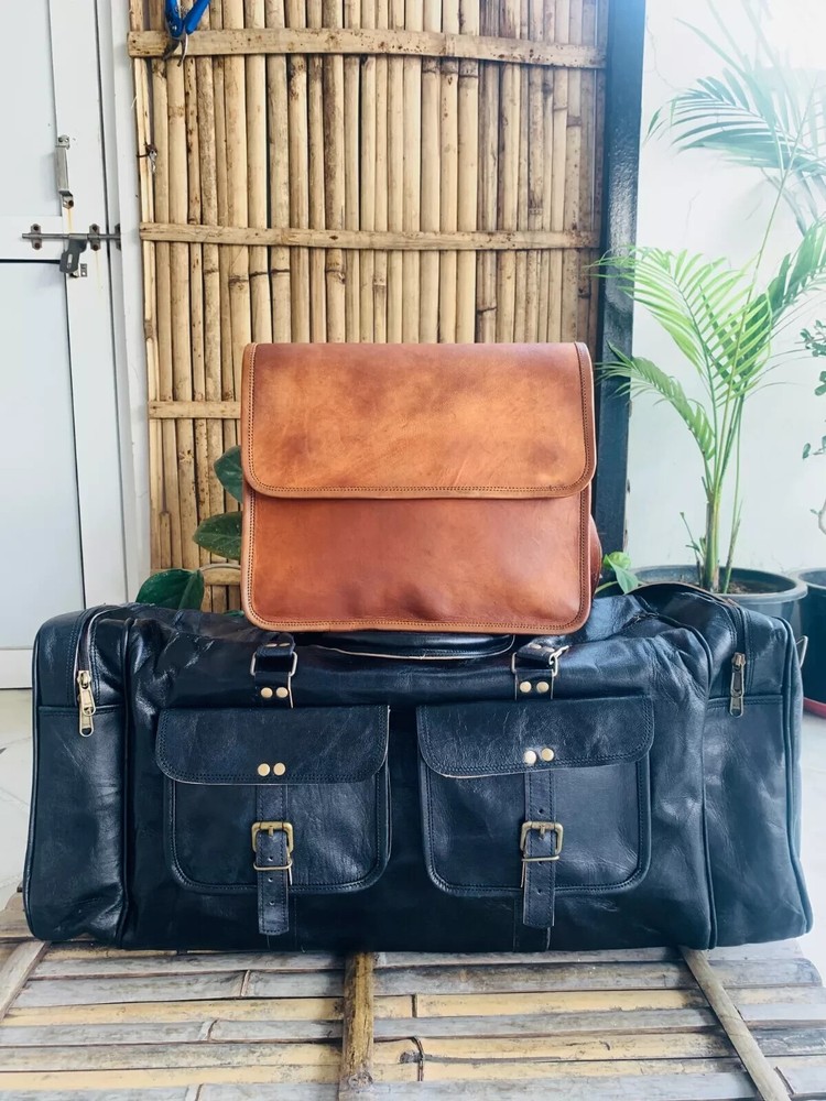 Leather Bag Travel Duffel 30'' Luggage Black Weekender limited time offer-image