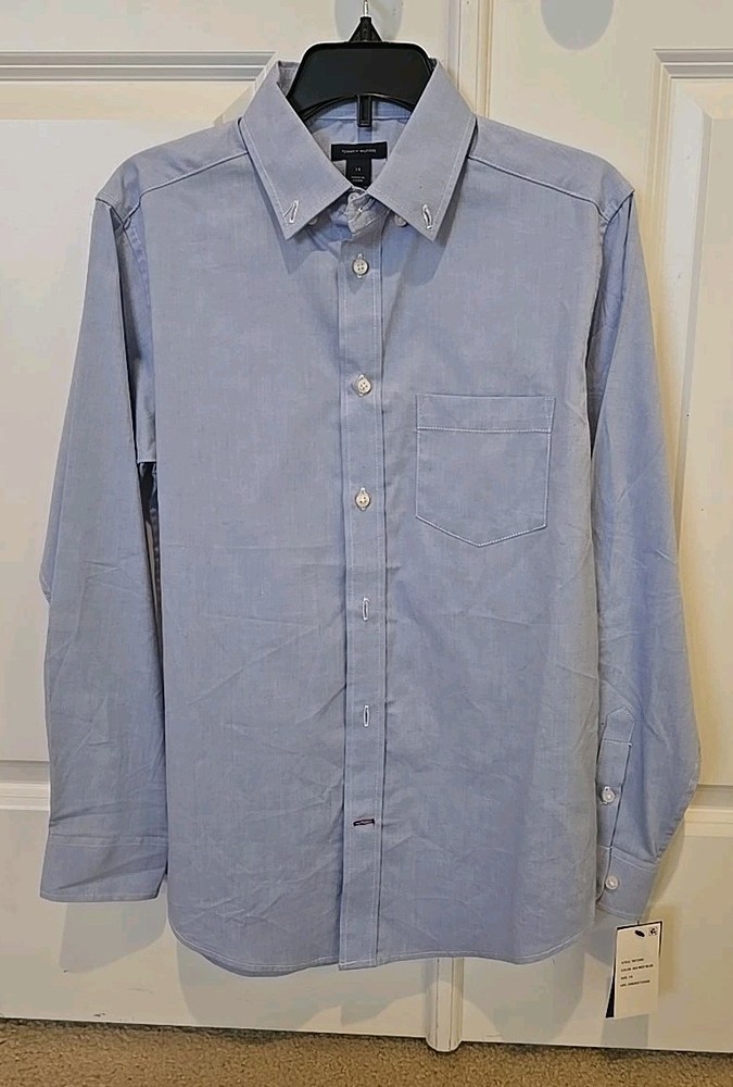 NEW TOMMY HILFIGER LONG SLEEVE CLASSIC COTTON BLEND DRESS SHIRT BLUE SIZE 14
