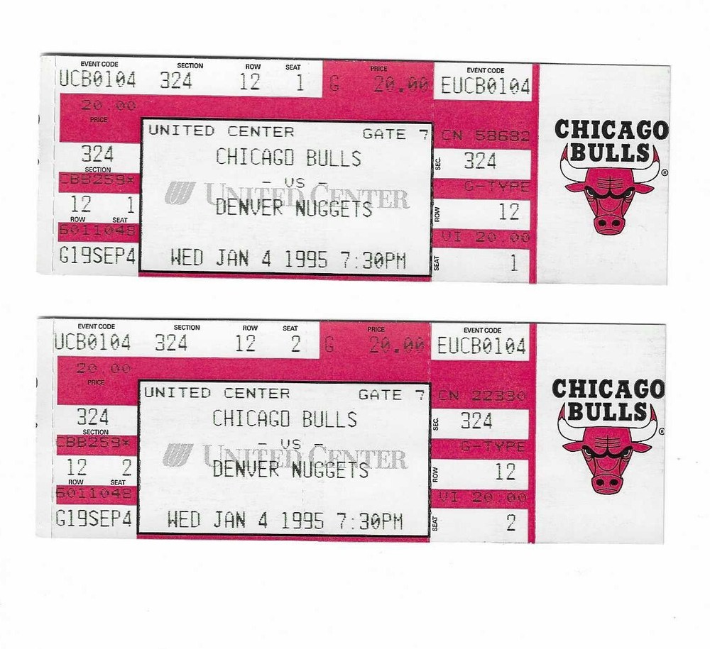 Chicago Bulls vs Denver Nuggets unused Basketball Tickets from 1/4/1995