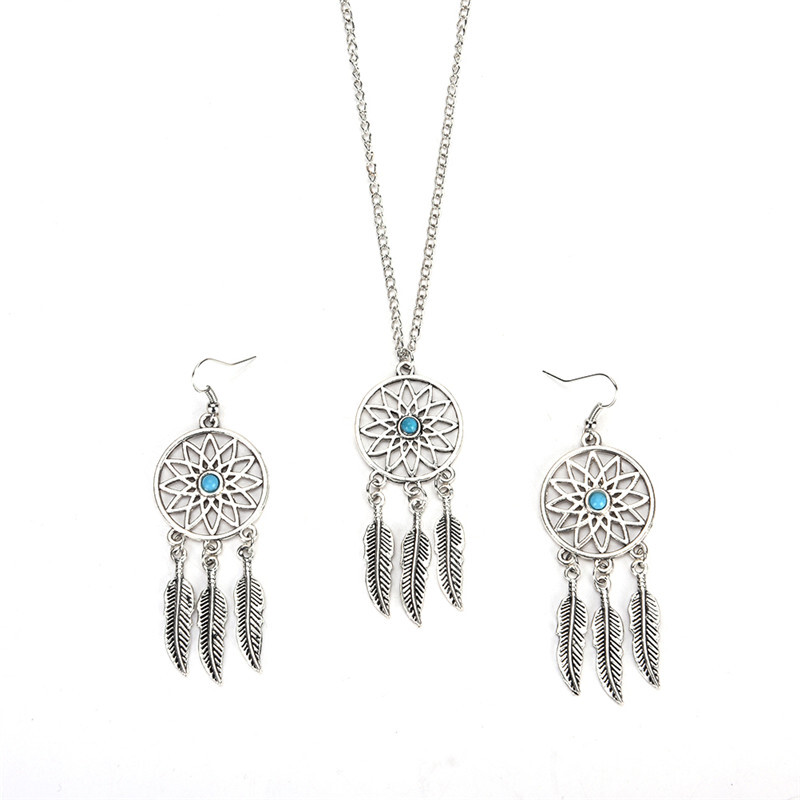Bohemian Dreamcatcher Leaves Feather Pendant Necklace Earrings Jewelry Sesh kj