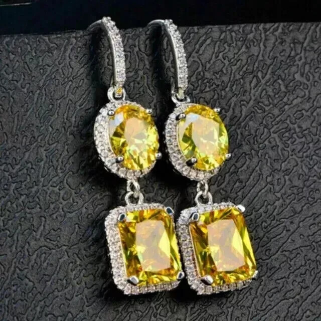2Ct Oval Simulated Citrine Drop Earrings in 14k White Gold Plating