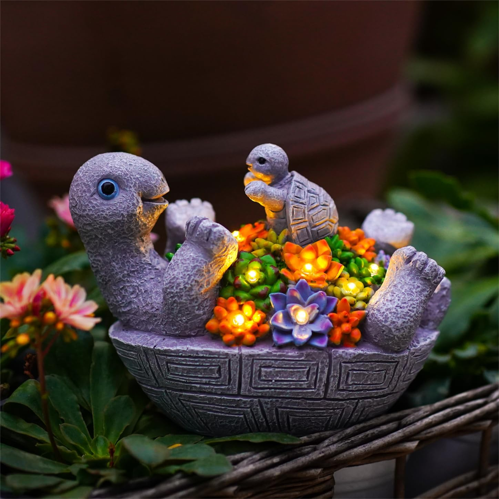 Solar LED Turtle Garden Statue with 8 Lights and Baby Turtle