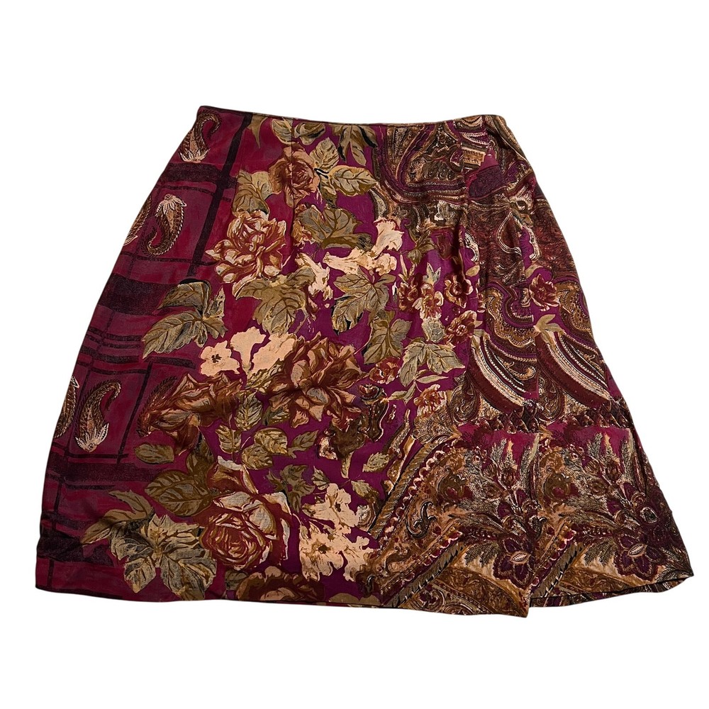VTG Carole Little Boho Floral Paisley Faux Wrap Skirt Knee Length Size 14 Festival Ready