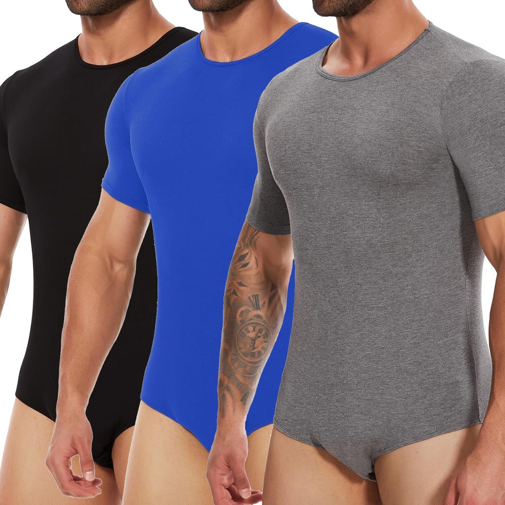 Men's Short Sleeve Bodysuit Pajamas One Piece Crew Neck Romper Shirts Pajamas