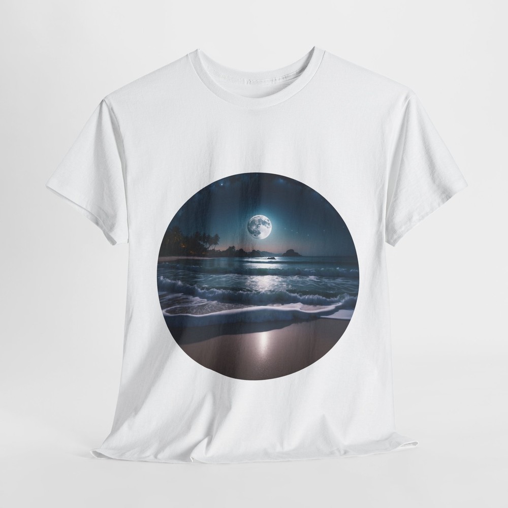 Full Moon Over Bleu Ocean Unisex Heavy Cotton T-Shirt-image