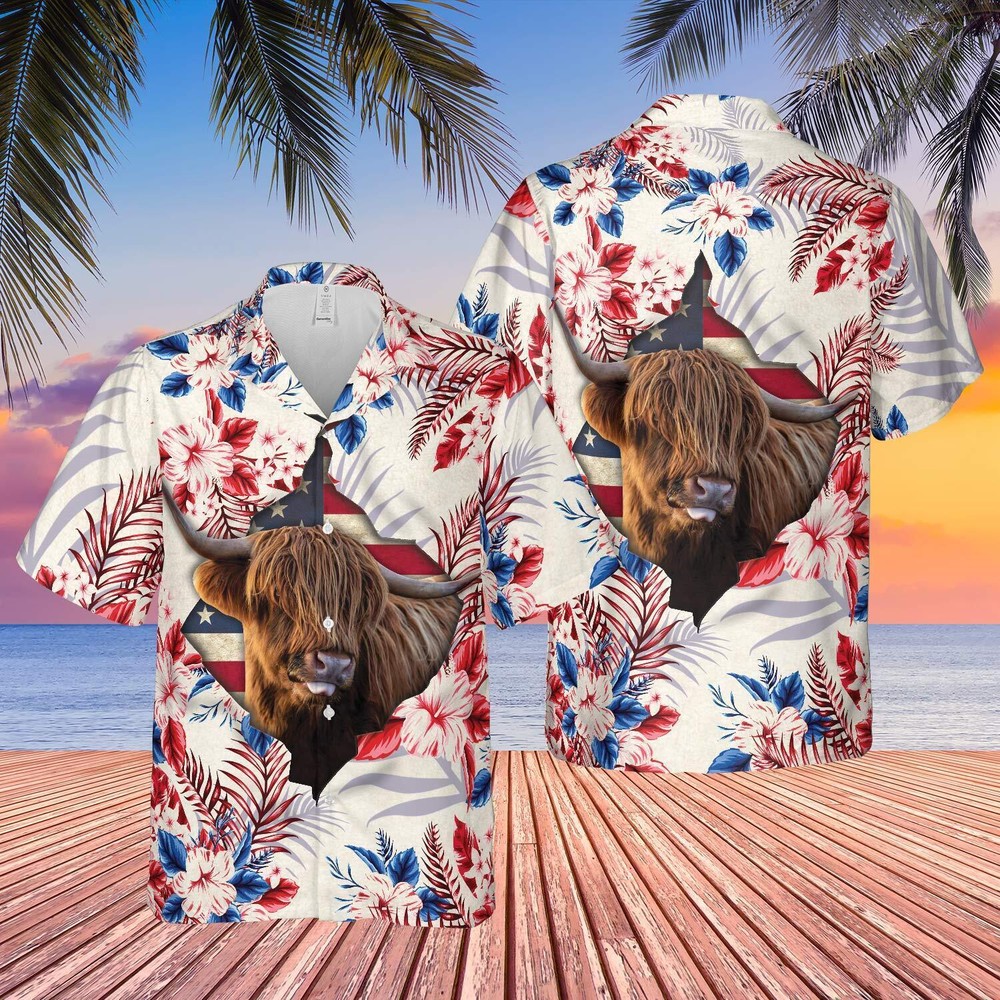 Highland Face Hibiscus Flower All Over Printed 3D Hawaiian Shirt
