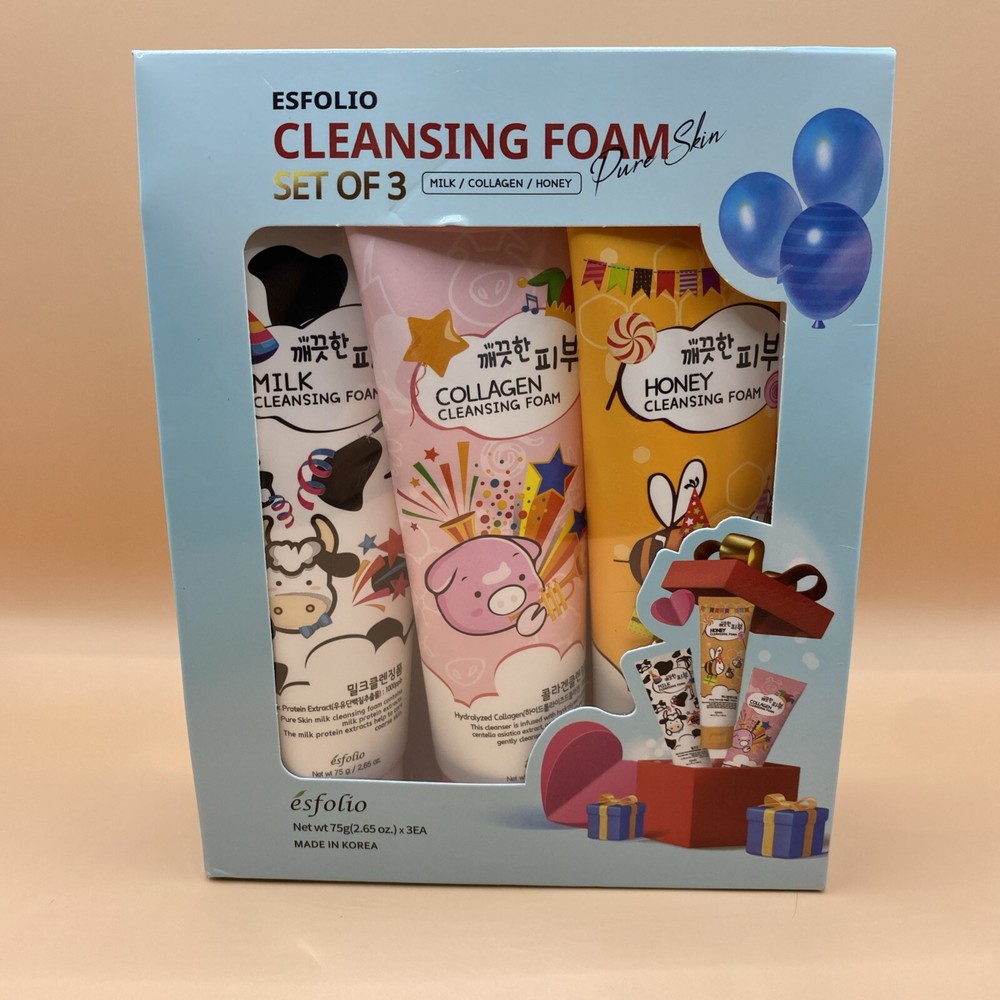 Esfolio Cleansing Foam Set of 3 Brand New In Box Milk Collagen & Honey 2.65oz X3
