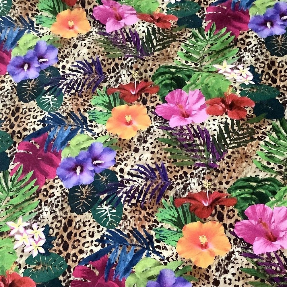 USA Cotton Tropical Safari Leopard Print Shirt with Exotic Floral Design